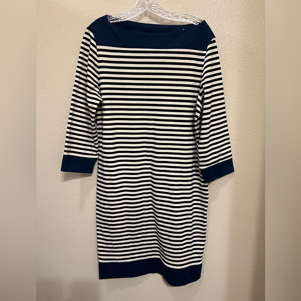 Isaac Mizrahi Striped Shift Dress with Contrast Blue Detailing, Size XL
